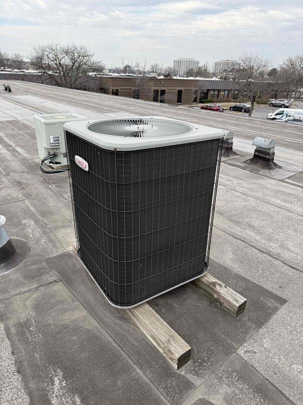 Completed spring preventive maintenance on commercial rooftop HVAC unit per prepaid service agreement. Performed comprehensive checklist inspection, documented equipment specifications and filter information, and captured photographic documentation of rooftop condenser unit and interior air handler components with visible wiring and ductwork. Coordinated tenant availability prior to entry and updated equipment records for filter inventory management.