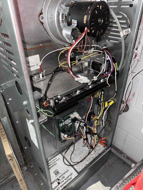 Completed spring preventive maintenance on commercial air handler unit per prepaid maintenance agreement. Performed comprehensive system inspection including blower motor assembly, control board, and electrical connections. Documented equipment specifications and filter dimensions (24" filter noted with installation date 2/26/26) for maintenance records. All components operating within normal parameters at time of service.