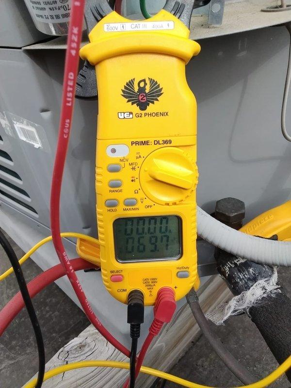 Completed spring commercial preventative maintenance on rooftop air conditioning system per contract agreement. Performed comprehensive inspection checklist including electrical diagnostics with multimeter, verified condenser unit operation, inspected refrigerant lines and connections, and documented current equipment specifications and filter requirements for system records.