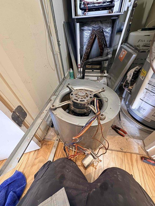 Performed comprehensive cleaning service on residential HVAC system addressing heavily corroded evaporator coil and contaminated blower assembly. Removed and performed advanced cleaning of blower assembly, extracting accumulated debris and buildup from blower wheel and housing. Opened access panel to evaporator coil and executed deep cleaning using power washer and brush to address severe corrosion and oxidation on copper tubing and coil surfaces. Cleaned secondary heat exchanger to restore proper heat transfer efficiency. All components were reassembled and system tested for proper operation upon completion.