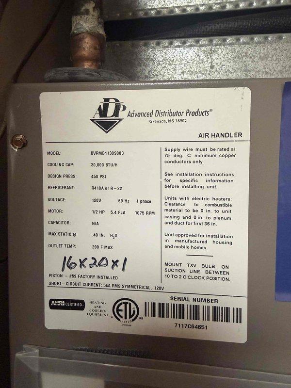 Completed routine maintenance tune-up on a single-zone residential HVAC system featuring an ADP air handler unit (Model BVRMB41305003, 30,000 BTUH cooling capacity, R-410A/R-22 refrigerant compatible) with integrated heat exchanger and blower assembly. Performed standard inspection of all major components including electrical connections, control board, copper refrigerant lines, and blower motor housing; documented existing wear patterns and corrosion on blower assembly consistent with normal system age. System operational and customer offered optional air filter upgrade (16x20x1) at time of service.