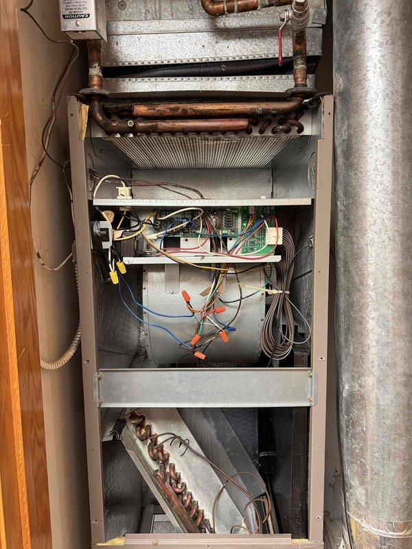 Completed routine maintenance tune-up on a single-zone residential HVAC system featuring an ADP air handler unit (Model BVRMB41305003, 30,000 BTUH cooling capacity, R-410A/R-22 refrigerant compatible) with integrated heat exchanger and blower assembly. Performed standard inspection of all major components including electrical connections, control board, copper refrigerant lines, and blower motor housing; documented existing wear patterns and corrosion on blower assembly consistent with normal system age. System operational and customer offered optional air filter upgrade (16x20x1) at time of service.