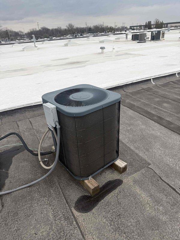 Completed spring preventive maintenance on commercial rooftop HVAC unit per contract agreement. Performed comprehensive checklist inspection including condenser unit evaluation, refrigerant line assessment, and equipment documentation. Documented existing filter specifications (16x25 Glasfloss) and updated equipment information for maintenance records.