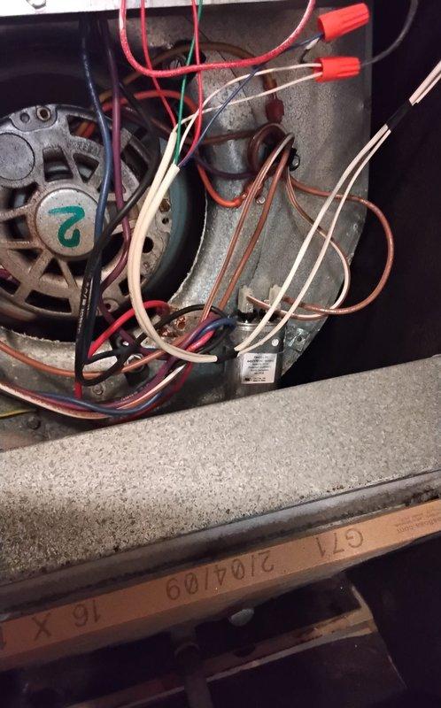 Responded to no cooling complaint on residential air conditioning system. Upon inspection, accessed HVAC unit in utility closet and examined blower motor assembly and internal components. Diagnosed system malfunction, noting that customer had previously attempted thermostat battery replacement without resolution. Documented equipment information and captured photos of furnace/air handler cabinet interior showing blower wheel, motor housing, wiring connections, and associated ductwork and plumbing connections.