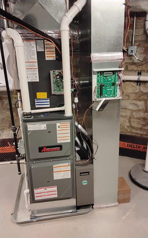 Installed four communicating thermostats for multi-zone HVAC system consisting of Amana gas furnace, air handler, and heat pump equipment. Addressed equipment communication error (EEV code 78) during startup by verifying wiring connections between Ultra Control board and thermostats, ensuring proper configuration settings for gas furnace model ARVM970603BNAA with EEV coil, and establishing successful communication protocol across all zones.