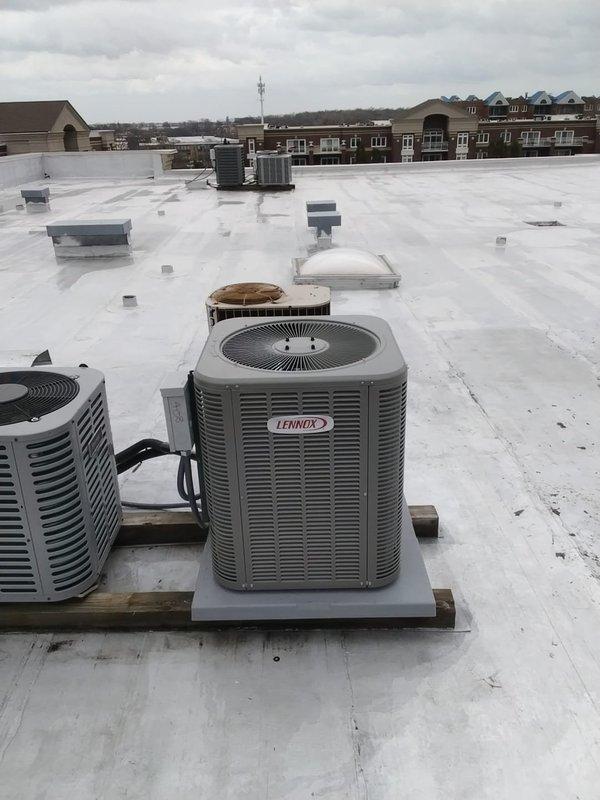 Completed full HVAC system installation including a Lennox ML13KC1-024-230A03 air conditioning unit, air handler, and thermostat. The 208/230V unit utilizes R-454B refrigerant and was professionally mounted on the rooftop with proper elevation platforms and concrete pads. All equipment was installed per manufacturer specifications, system was charged and tested, and homeowner was present during project completion as requested.