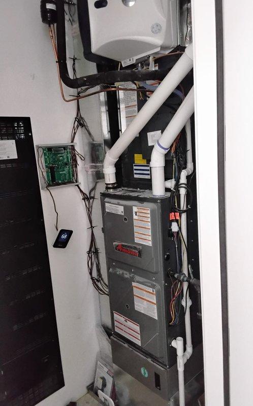 Returned to site to complete electrical wiring connections for downstairs HVAC system and replaced mitigation component. Verified all wire terminations at control board, motor assembly, and system controls were secure and properly configured. Tested system operation to confirm proper functionality of heating unit, blower motor, and associated safety controls upon completion of installation.
