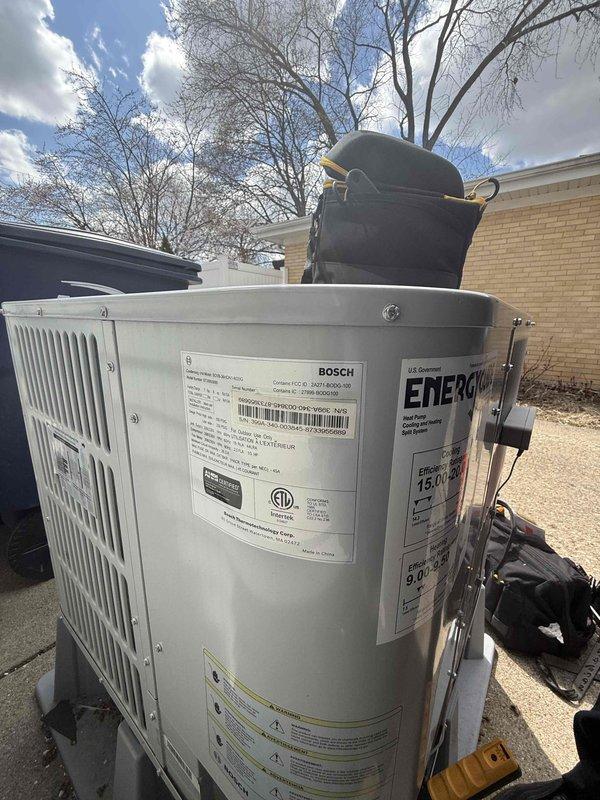 Completed comprehensive tune-up and maintenance on single-system HVAC equipment consisting of Bosch heat pump water heater and air conditioning condenser unit. Performed standard preventative maintenance procedures including inspection of both outdoor units, verification of proper operation, and documentation of equipment condition through photographic records per service protocol.