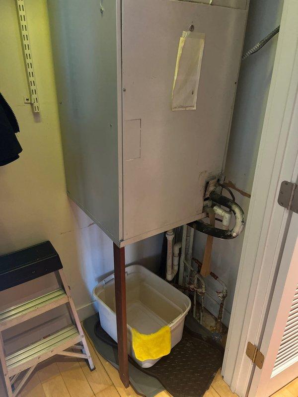 Conducted on-site evaluation of existing 3-ton air conditioning system and air handler unit located in interior utility closet. Assessed current equipment condition, measured available space for replacement units, documented existing ductwork connections and electrical service, and photographed equipment specifications and installation configuration. Provided comprehensive replacement estimate for new 3-ton AC condenser and matching air handler system.