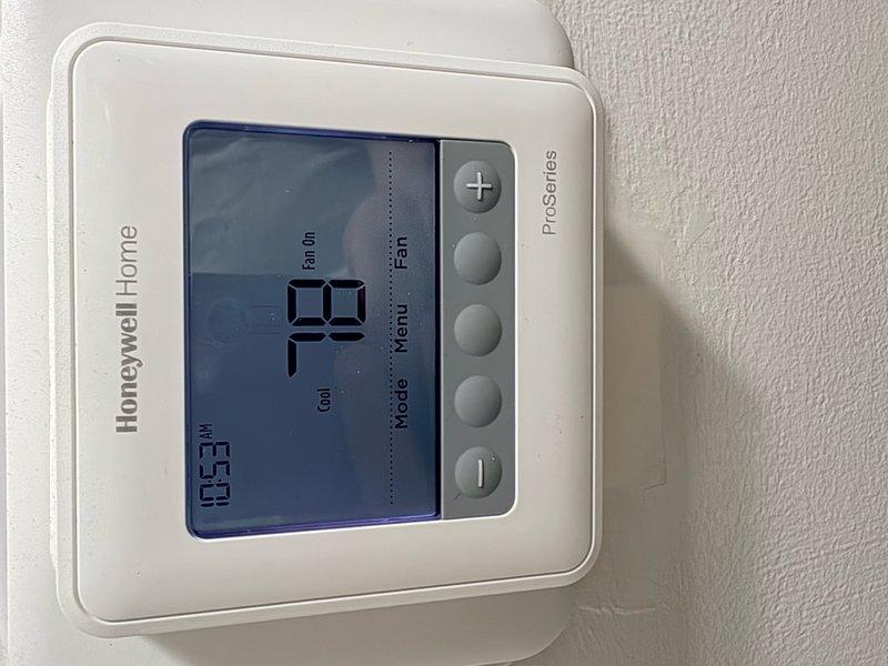 Performed routine maintenance tune-up on single HVAC system. Replaced 18x20x1 air filter with new pleated media filter to ensure proper airflow and system efficiency. Verified thermostat operation showing 79°F cooling mode at time of service, with all display functions and controls operating normally.