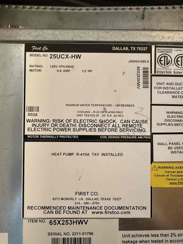 Completed routine maintenance tune-up on First Co. model 25UCX-HW heat pump system (R-410A refrigerant, 1/2 HP motor). Performed comprehensive cleaning and condition check on air handler and condensing unit, inspected all components for proper operation, and documented equipment specifications and condition with photos. Customer declined air filter replacement at time of service.