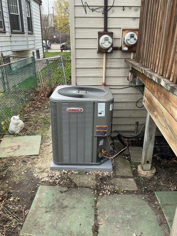 Completed full system replacement including reclamation of existing refrigerant from old condenser, coil, and line-set, followed by disconnection and proper disposal of all existing equipment. Installed new Lennox 3-ton 13 SEER2 single-stage air conditioning condensing unit (Model ML13KC1-036-230) on new pad with pea gravel leveling, along with matching evaporator coil connected to existing copper refrigerant lines. Performed complete system evacuation to remove moisture and air, then charged with R410a refrigerant to manufacturer specifications. Installed RDS mitigation system as required. Conducted comprehensive start-up procedures, system testing, and safety inspection with all operating parameters verified within normal range, including pressure readings of 246.5 PSig low-side and 247.6 PSig high-side at 4.0°F.