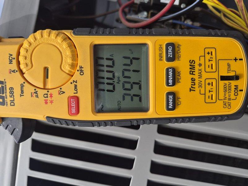 Completed preventative maintenance tune-up on single HVAC system including rooftop condenser unit inspection and air handler service. Replaced 12x20x1 air filter at both air conditioning and air handler locations, performed electrical diagnostics with multimeter to verify proper system operation, and confirmed all components functioning within normal parameters. Unit showed normal weathering with secure mounting hardware and intact ventilation grilles.