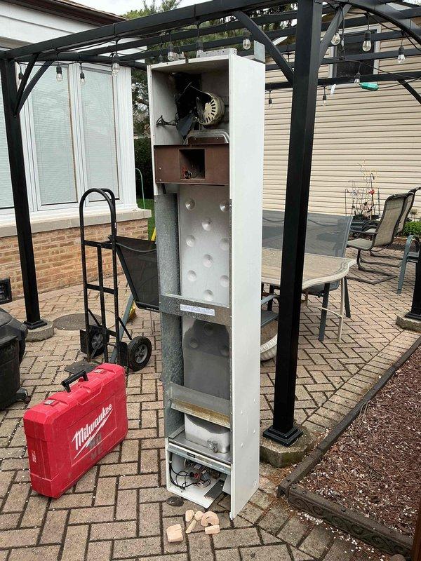 Completed installation of high-efficiency Rinnai wall furnace, converting from existing system. Utilized flue adapter to connect new unit to existing flue system, and installed sheet metal trim to cover exposed wall areas not covered by the new furnace footprint, ensuring a professional finished appearance.