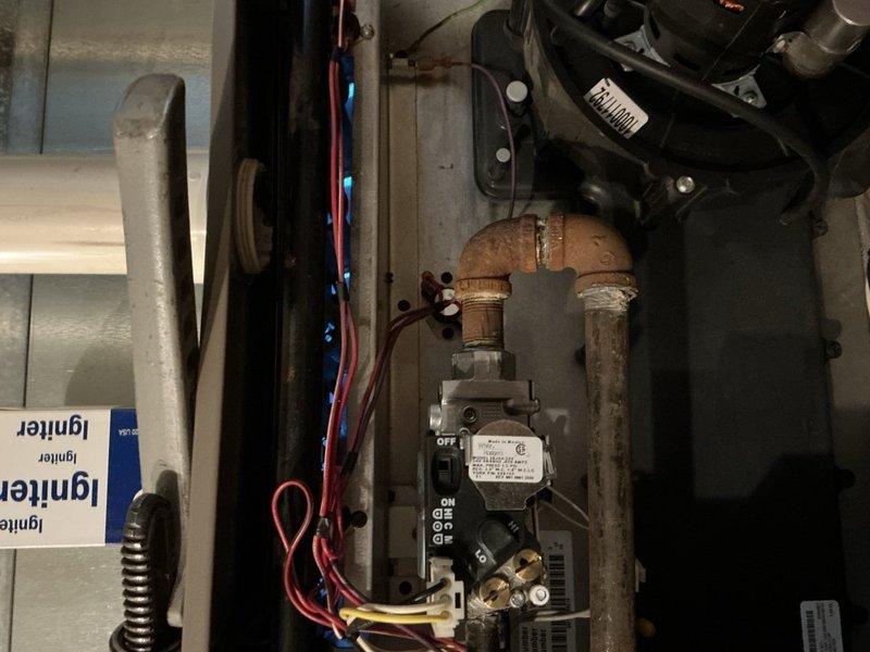 Replaced failed 2-stage gas valve on Luxaire furnace. Disconnected electrical connections and gas supply lines, removed old valve assembly showing signs of corrosion, and installed new gas valve unit. Reconnected all wiring to proper terminals, restored gas supply connections, and verified proper operation of ignition sequence and flame control.