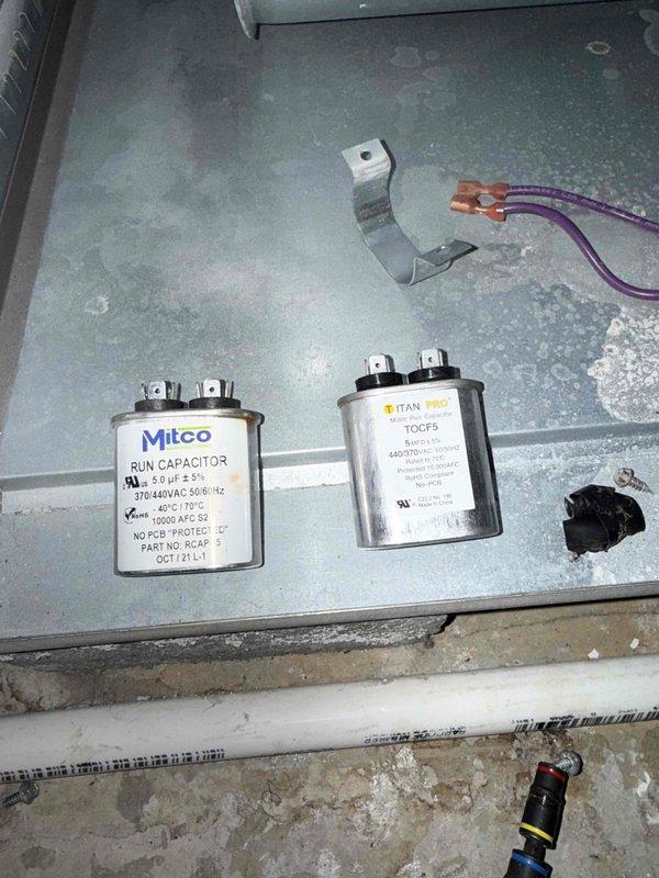 Responded to service call for air conditioning unit cycling on and off intermittently. Upon arrival, performed system diagnostics and inspected all major components. Examined air return filter which showed significant dust and debris accumulation restricting airflow. Inspected condensing unit and found dual capacitor system with Mitco run capacitor and Titan Pro capacitor showing signs of wear and potential failure. Checked all electrical connections, contactor operation, and wiring integrity. Noted purple wiring connections and relay components functioning within normal parameters. Documented equipment condition through photographic evidence of air filtration system and electrical panel components. Recommended filter replacement to restore proper airflow and prevent future cycling issues. Discussed system performance expectations and preventative maintenance options with customer to ensure optimal unit operation and longevity.