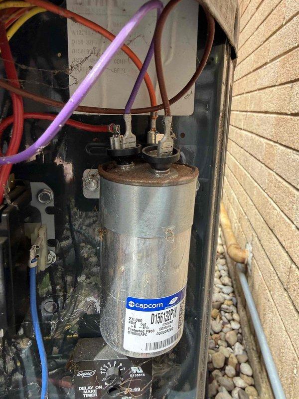 Responded to no-cooling call on 3-ton AC system (M# 4A7A3036H1000NA, S# 202537GF4F). Upon inspection, diagnosed failed dual-run capacitor in outdoor condensing unit. Capacitor showed visual signs of deterioration and tested out of specification. Replaced defective capacitor with properly rated unit, verified all electrical connections, and restored system to normal operation. Unit cooling properly upon departure.