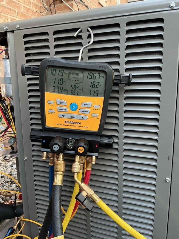 Completed full system replacement including reclamation of existing refrigerant from old condenser, coil, and line-set, followed by removal and disposal of failed equipment. Installed new Lennox 13 SEER2 4-ton single-stage air conditioning condensing unit (Model ML13KC1-048-230) on leveled pad with pea gravel, along with matching evaporator coil connected to existing copper refrigerant lines. System was evacuated to remove moisture and air, then charged with R454B refrigerant to manufacturer specifications. Installed integral refrigerant detection system (RDS) to existing furnace for safety compliance. Performed complete system startup, tested all operating parameters, verified proper airflow and refrigerant pressures, and conducted comprehensive safety inspection with all equipment functioning within normal operating range.