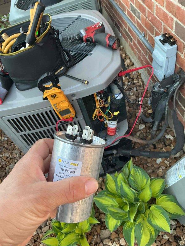 Completed comprehensive spring clean and check maintenance on two-system HVAC setup per comfort plan agreement. Performed full inspection and testing of outdoor condensing unit, including capacitor evaluation and replacement with TITAN PRO TRCD405 unit to ensure optimal compressor and fan motor operation. Conducted thorough cleaning of condenser coils, checked refrigerant levels, and verified proper electrical connections and amp draw on all components. Inspected and replaced air filter on indoor air handling system, ensuring unrestricted airflow and improved indoor air quality. Verified all ductwork connections, tested thermostat operation, and confirmed both systems are operating within manufacturer specifications and ready for cooling season.