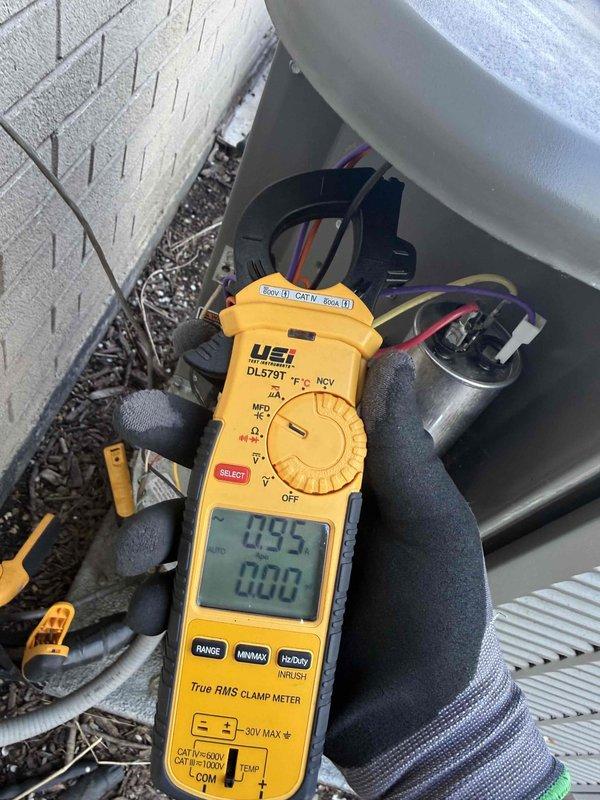 Completed spring maintenance clean and check on residential air conditioning system per comfort plan protocol. Performed comprehensive inspection of outdoor condensing unit including electrical diagnostics with clamp meter showing 0.95 amp draw, verified capacitor operation and connections, and measured supply air temperature at 64.2°F at air handler plenum. All components operating within normal parameters, system cleaned and tested for optimal cooling season performance.