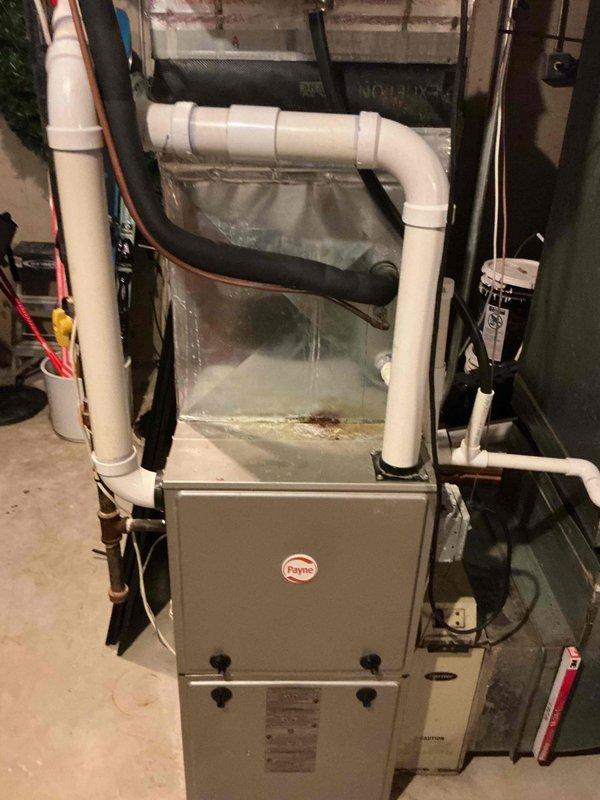 Performed seasonal air conditioning start-up and diagnosed condenser noise complaint on residential split system. Inspected Payne furnace with integrated cooling coil, verified refrigerant lines, condensate drainage system, and all associated PVC piping for proper operation. Identified noise source at outdoor condensing unit and completed necessary repairs to restore quiet operation. System tested and confirmed operating within normal parameters with proper airflow and temperature differential.