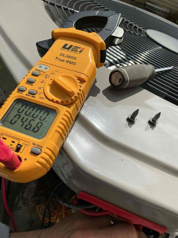 Completed seasonal air conditioning clean and check maintenance per customer request. Performed comprehensive system inspection including electrical measurements with clamp meter, capacitor testing, and visual assessment of outdoor condenser unit. System found operating within normal parameters with all components functioning properly.