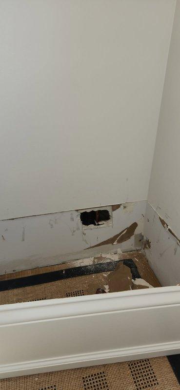 Diagnosed outdoor AC unit not receiving signal from thermostat. Investigation revealed damaged low-voltage wiring in wall cavity between indoor and outdoor units. Created access points in interior wall and ceiling to locate and repair broken thermostat wire, restored proper communication between system components, and verified unit operation upon completion.