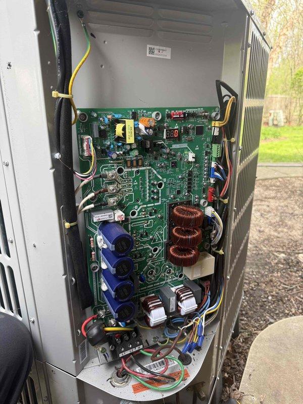 Completed spring clean and check on air conditioning system per comfort plan maintenance agreement. Inspected outdoor unit control board and electrical components, verified proper operation of all capacitors, contactors, and control circuits with digital display reading normal parameters. Measured supply air temperature at 72.1°F and confirmed humidity control system functioning correctly. Noted newly installed furnace and AC system with recent duct cleaning completed; recommended Solaris IAQ equipment installation to protect new equipment and maintain optimal indoor air quality for long-term system performance and efficiency.