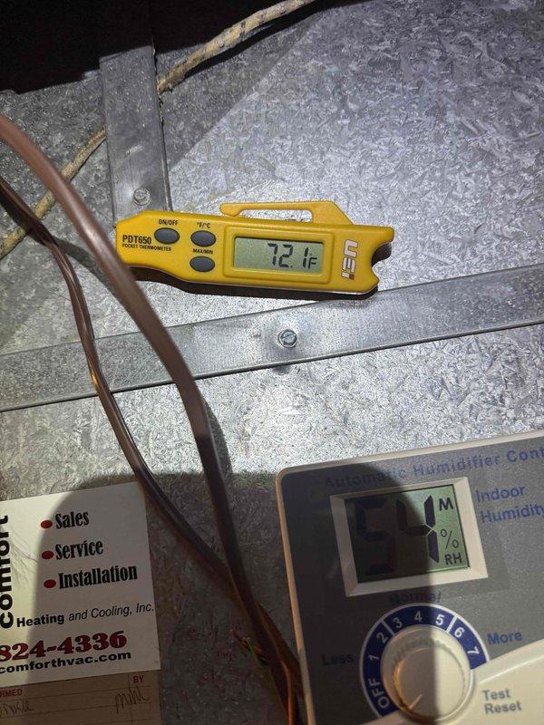Completed spring clean and check on air conditioning system per comfort plan maintenance agreement. Inspected outdoor unit control board and electrical components, verified proper operation of all capacitors, contactors, and control circuits with digital display reading normal parameters. Measured supply air temperature at 72.1°F and confirmed humidity control system functioning correctly. Noted newly installed furnace and AC system with recent duct cleaning completed; recommended Solaris IAQ equipment installation to protect new equipment and maintain optimal indoor air quality for long-term system performance and efficiency.