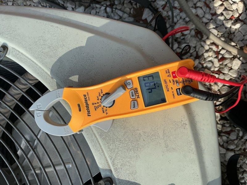 Responded to callback for AC unit that stopped working following previous maintenance visit. Upon arrival, performed electrical diagnostics using clamp meter on outdoor condensing unit. Measured amperage draw at 13.1 amps, indicating compressor and fan motor operating within normal parameters. Unit showed active cooling with condensation present on exterior panels, confirming refrigerant cycle functioning properly. System restored to normal operation, no additional repairs required beyond continuation of previous service work.