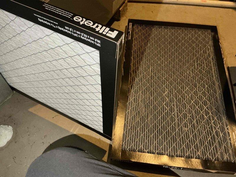 Responded to warranty call for excessive noise during operation and cycling of recently installed AC units. Upon inspection, discovered heavily soiled air filters restricting airflow and causing system strain. Replaced dirty filters with new high-efficiency pleated filters to restore proper airflow and reduce operational noise. Inspected copper refrigerant lines showing normal weathering and oxidation for outdoor installation. Verified all pipe insulation integrity and connections. Systems tested after filter replacement, confirming significantly reduced noise levels during both runtime and start/stop cycles. Units now operating within normal sound parameters.