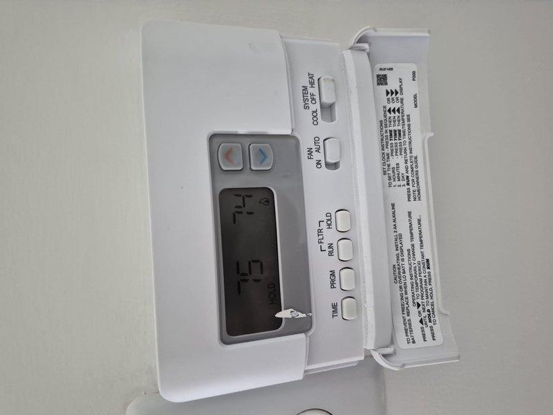 Completed comprehensive clean and check maintenance service on single HVAC system per Comfort Plan agreement. Performed standard preventive maintenance procedures including inspection of condensate drain system and all associated components. Installed new programmable thermostat as part of service, replacing existing unit with updated digital model featuring LCD display and programmable scheduling capabilities. Verified proper system operation, confirmed thermostat programming and temperature control functionality, and ensured all electrical connections were secure. System operating within normal parameters upon completion.