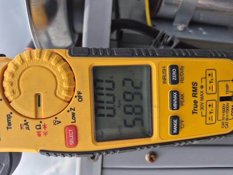 Completed comprehensive check and no-charge inspection per building special on single-system air conditioning unit. Performed visual inspection of electrical components including dual capacitors, contactor, and associated wiring connections. Measured and documented system electrical readings using digital clamp meter, recording 63-degree temperature reading. Contacted customer regarding optional filter replacement but received no response, so proceeded with inspection only. All internal components, wiring, and connections found in acceptable operating condition with no immediate repairs required at time of service.