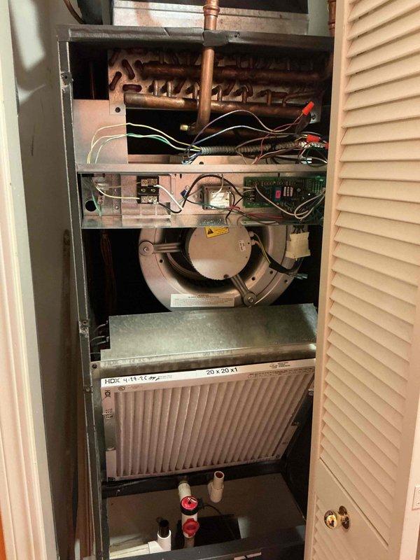 Completed comprehensive clean and check service on single-system air conditioning and air handler unit per building specifications. Performed diagnostic measurements using digital testing equipment to verify system performance parameters within the air handling unit. Customer provided their own filter for installation, which was installed in the lower plenum section. Inspected internal components including blower motor assembly, heat exchanger, electrical connections, and circuit board. All system components found operating within normal parameters and unit left in proper working condition.
