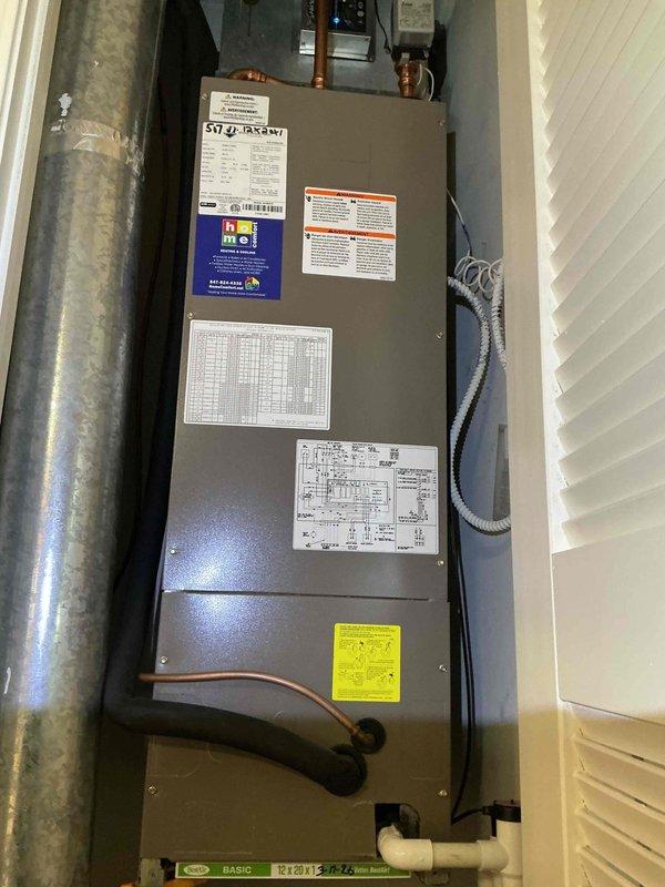 Completed AC/AH Clean and Check per building specifications on single-system air handler unit. Performed standard tune-up maintenance including inspection of all accessible components, copper refrigerant lines, electrical connections, and condensate drain system. Measured supply air temperature at 48.8°F, confirming proper cooling operation. Contacted customer regarding optional filter replacement; no response received, so existing filter was left in place. System operating within normal parameters at time of service completion.