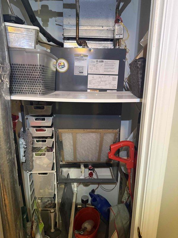 Performed clean and check service on residential air handler system per building specifications. Inspected HVAC equipment mounted in utility closet, verified proper operation of all components including refrigerant lines, electrical connections, and airflow. Customer declined filter replacement after contact attempt; existing 20x20x1 filter remains in place.
