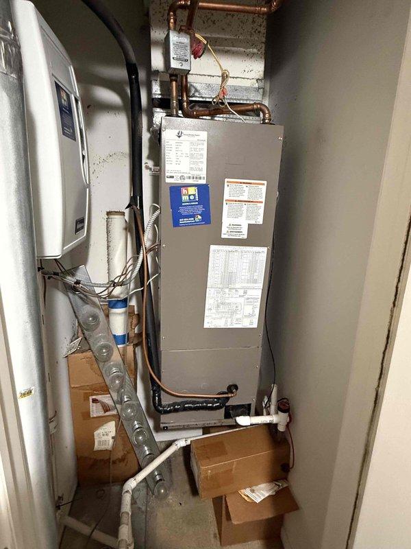 Completed annual Comfort Plan clean and check maintenance on air conditioning system and air handler unit. Performed comprehensive inspection of all HVAC components, tested system operations using diagnostic equipment to verify proper temperatures and performance, and inspected refrigerant lines, copper piping, and ductwork connections. Steam humidifier maintenance will be scheduled for a follow-up visit.