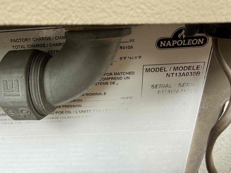 Completed Comfort Plan clean and check maintenance on Napoleon NT13A030B air conditioning system utilizing R410A refrigerant. Performed comprehensive inspection of control board assembly, electrical connections, and wiring harnesses within the unit. Verified proper operation of all electronic components, safety controls, and heat dissipation systems. System operating within manufacturer specifications with no deficiencies noted at time of service.