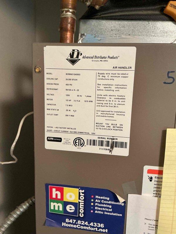Completed comprehensive tune-up on Advanced Distributor Products air handler unit (Model BSMMA1A04D03, 24,000 BTU/h, R-410A refrigerant system). Performed full system inspection, verified operational status with control board indicator functioning properly, checked refrigerant lines and electrical connections, and confirmed unit operating within manufacturer specifications. Customer declined filter replacement at time of service.