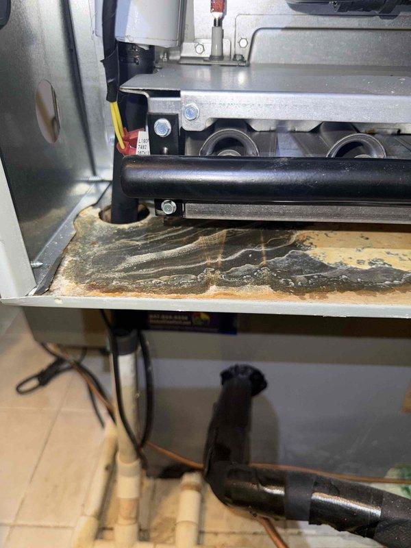 Responded to service call for reported water leak from furnace unit installed in 2022. Upon inspection, discovered significant water staining and discoloration on the condensate drain pan, indicating long-term moisture accumulation. Identified the source of the leak, cleared the condensate drainage system, and verified proper operation of the drain pan and associated components. Inspected gas valve assembly, blower housing, and all electrical connections for water damage. Confirmed all mechanical and electrical systems functioning properly with no further evidence of active leaking. System returned to normal operation with condensate properly draining.