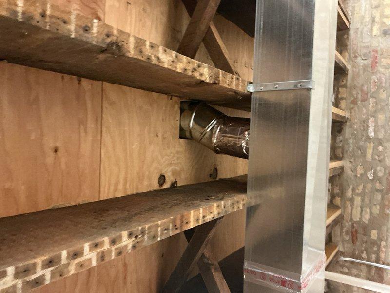 Completed ductwork modifications including cutting two vents into the basement trunk line and coring a hole for dryer vent installation with proper ducting. Prepared kitchen toe kick register for installation and added a 4" elbow to the second floor laundry vent to facilitate proper room connection. All work performed to ensure adequate airflow distribution throughout the residence.