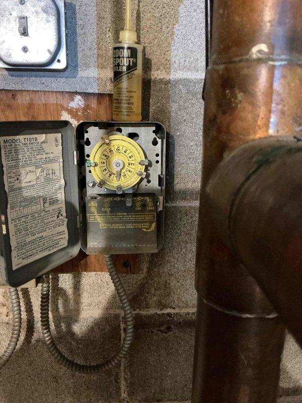 Performed comprehensive walkthrough and operational overview of commercial boiler system with building contact. Reviewed complete heating system configuration including circulator pump operation, timer controls (Model T101B), electrical components, and copper piping distribution network. Explained system functionality, control sequences, and normal operating procedures. Inspected circulator pump, verified proper mounting and connections, and examined timer programming for heating cycles. Assessed electrical junction boxes, conduit installations, and safety controls. Reviewed copper piping system including supply and return lines, connections, and fittings throughout basement mechanical room. Confirmed system was recently serviced with chemical treatment and drain performed in January, requiring no additional maintenance at this time. Provided technical guidance on system operation and answered questions regarding heating controls and distribution.