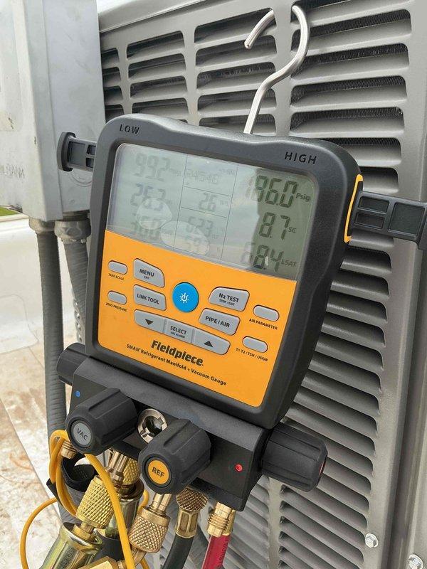 Completed full A/C condensing unit replacement by disconnecting and disposing of existing condenser per EPA guidelines, then installing new Lennox 13 SEER2 ML13KC1-030-230 2.5 ton unit on roof. Flushed existing copper lineset, connected new condenser to existing evaporator coil, evacuated system to remove moisture and air, and charged with R454b refrigerant to manufacturer specifications. Installed surge protector on new condensing unit, performed system startup, tested operation with diagnostic equipment confirming proper temperatures and pressures, and made final adjustments to ensure optimal performance.
