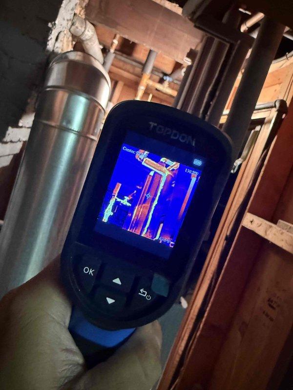Responded to service call for furnace constantly running with suspected thermostat issue. Performed thermal imaging diagnostics of HVAC system components and surrounding areas to identify temperature differentials and system operation patterns. Utilized infrared camera to assess heat distribution throughout mechanical equipment and verify proper system cycling. Evaluated thermostat functionality after battery replacement had been attempted, conducted standard dispatch diagnostics, and documented equipment information for service records.