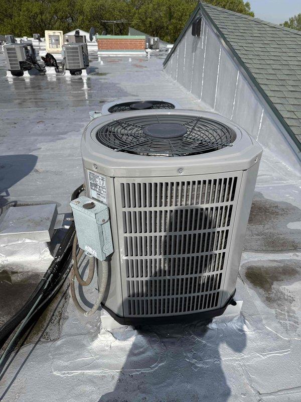 Performed routine tune-up and maintenance on single-system rooftop HVAC unit. Inspected outdoor condenser unit and indoor air handler, verified system operation and temperature readings at 35°F at evaporator coil. Customer declined filter replacement as they had filters available on-site.