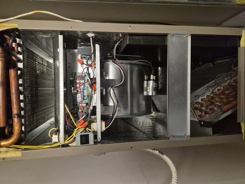 Completed comprehensive tune-up and clean and check service on residential HVAC system. Inspected air handler components including blower assembly, evaporator coil, electrical connections, and capacitor for proper operation. Verified thermostat functionality with Honeywell ProSeries programmable unit displaying proper temperature readings and system controls. Assessed air filter requirement per customer request and replaced 12x20x1 filter as needed. All system components found operating within normal parameters with no deficiencies noted.