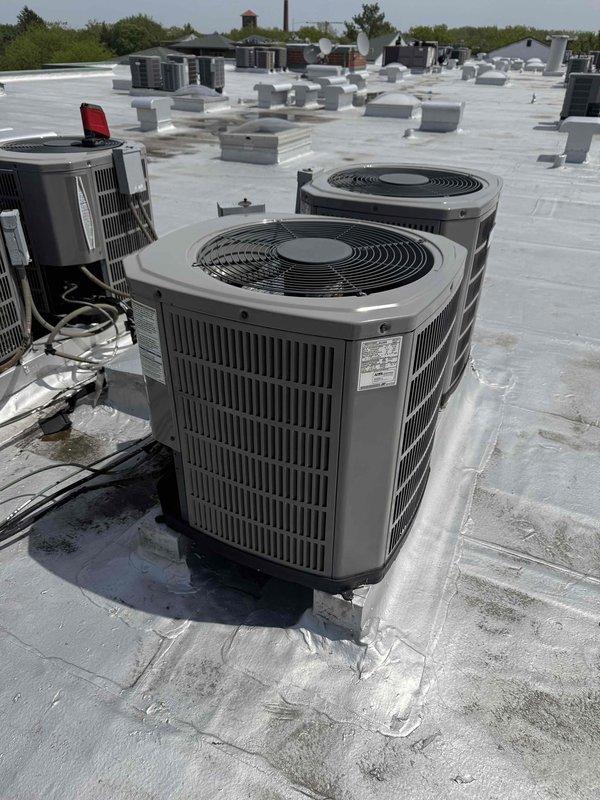 Completed routine spring tune-up and maintenance on commercial rooftop HVAC system. Performed comprehensive inspection of air conditioning condenser unit and air handler, verified proper operation of all components, and confirmed system performance. Customer provided their own air filter which was inspected and found to be in acceptable condition for continued use.