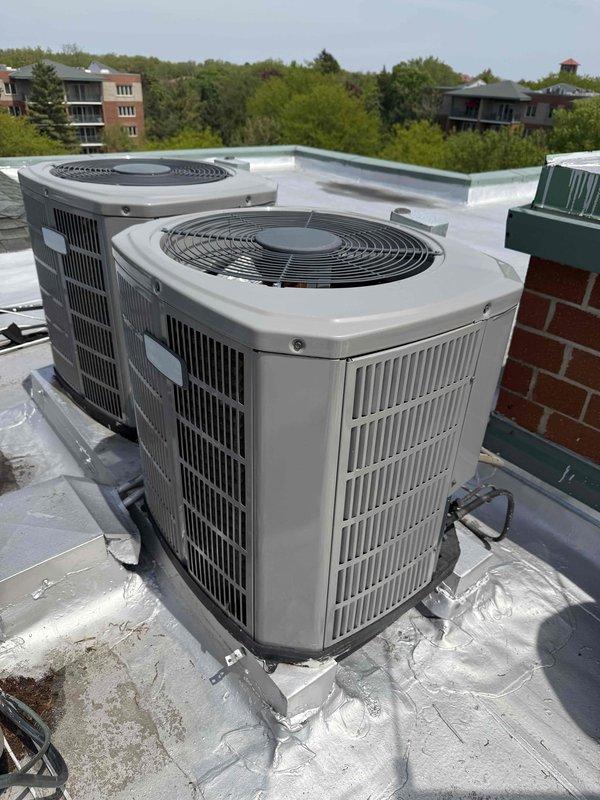 Completed seasonal tune-up maintenance on rooftop HVAC system consisting of air conditioning condenser unit and air handler. Performed comprehensive inspection of dual condenser units, verified capacitor specifications and electrical connections, confirmed all components operational with no deficiencies noted. Customer declined air filter replacement at time of service.