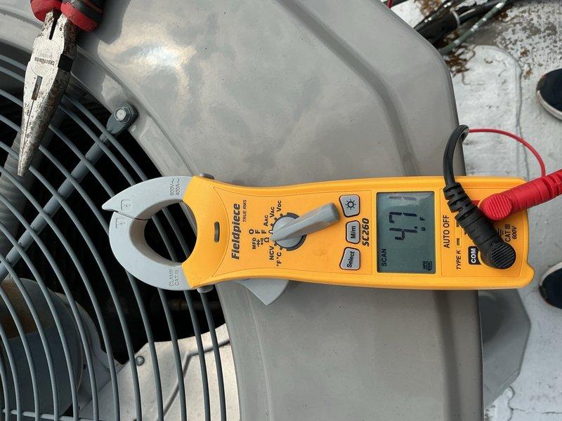 Completed preventive maintenance tune-up on single-system air conditioning unit with air handler. Performed standard inspection of outdoor condensing unit, verified electrical connections, measured operating amperage using clamp meter, and inspected fan motor assembly. Replaced air filter and confirmed system operational parameters within manufacturer specifications.
