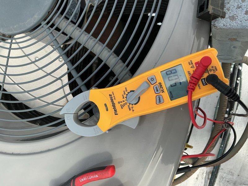 Completed routine tune-up maintenance on single HVAC system located on second floor. Performed electrical testing using digital clamp meter to verify proper voltage and amperage readings at outdoor condenser unit, replaced 20x20x1 air filter at air handler, and confirmed all components operating within normal parameters. System tested and left in proper working condition.